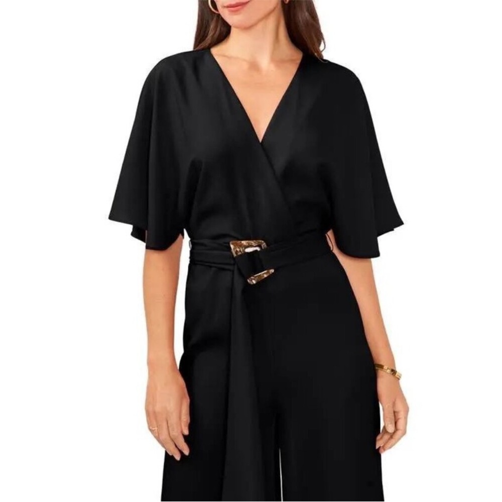 NWT Vince Camuto Black Wide Leg Jumpsuit Plunge V Neck Minimalist Elegant S - Picture 4 of 10